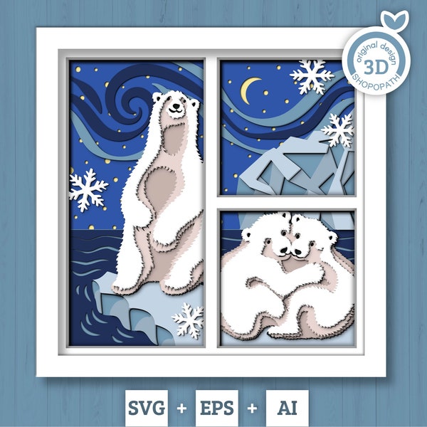 3D SVG Polar Bear Shadow Box Winter Layered Svg, North Pole 3D Svg, Christmas Shadow Box, Northern Lights Snow Ice 3d Svg, Cricut Silhouette