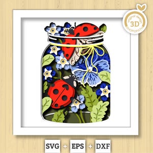 3D SVG lieveheersbeestjes in pot Shadow Box, viooltje 3D SVG, Love Bug 3D Svg, Summer Shadow Box, bloemen 3D Svg, bloemen papercut svg Cricut silhouet