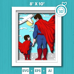 3D SVG Sohn und Vater Shadow Box, 8 x 10 Zoll Super Dad 3D SVG, Playtime 3D svg, geschichteter Vatertag 3d svg Held Shadow Box Cricut Silhouette