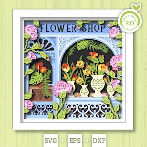 Magasin de fleurs Shadow Box 3D SVG avec superposition de tulipes, de roses et de jonquilles pour Cricut et Silhouette DXF EPS