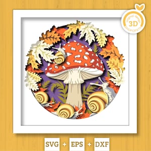 May include: A layered paper art piece featuring a red and white mushroom surrounded by autumn leaves and snails. The artwork is set within a white frame, with a yellow and orange background. The image includes the text "SVG + EPS + DXF".