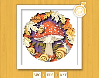 May include: A layered paper art piece featuring a red and white mushroom surrounded by autumn leaves and snails. The artwork is set within a white frame, with a yellow and orange background. The image includes the text "SVG + EPS + DXF".