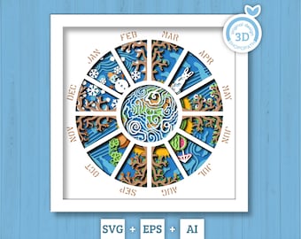 May include: A white frame with a circular design inside. The circle is divided into 12 sections, each representing a month of the year. Each section has a different design representing the season. The months are labeled around the circle. The text "Original design 3D SHOPOPATH" is in the upper right corner.