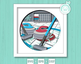 Curling Shadow Box 3D SVG with Curling Stones, Brooms and Ice Rink Scoreboard, Layered DXF EPS Cutting Files for Cricut, Silhouette, Brother