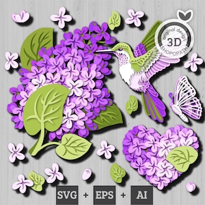 Flor lilás em camadas 3D SVG, flor lilás em camadas 3D, corte de papel de colibri em camadas svg, flores 3D Svg, cricut de flores de primavera, silhueta