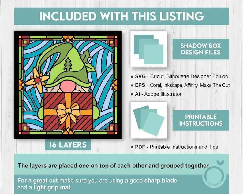 3D SVG Stained Glass Gnome With Present Shadow Box, 3D SVG Gnome, 3D