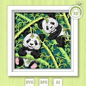 3D SVG Baby Panda Bears Shadow Box, 3D SVG Panda, 3D Bamboo Svg, Baby Panda 3D SVG, Baby Panda Shadow Box 3D svg, Cricut Silhouette