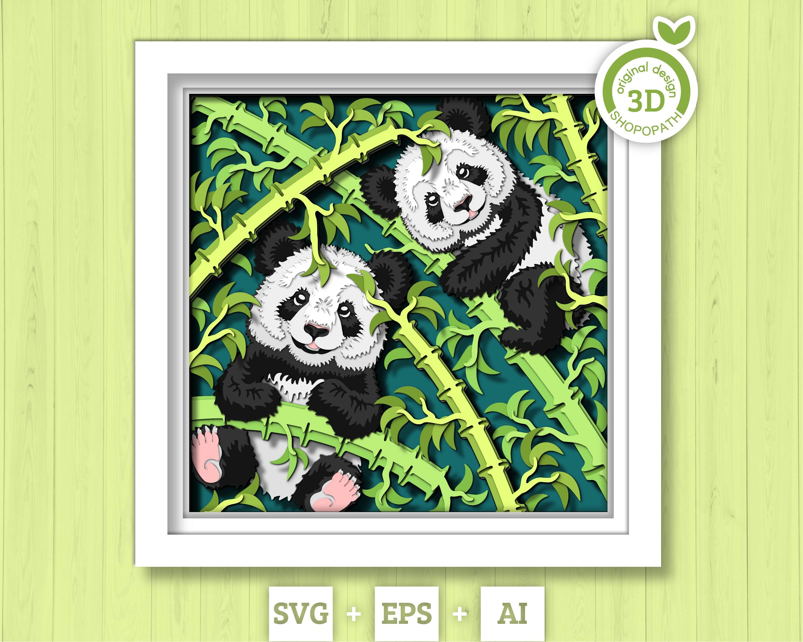 3D SVG Baby Panda Bears Shadow Box, 3D SVG Panda, 3D Bamboo Svg, Baby Panda 3D SVG, Baby Panda Shadow Box 3D svg, Cricut Silhouette