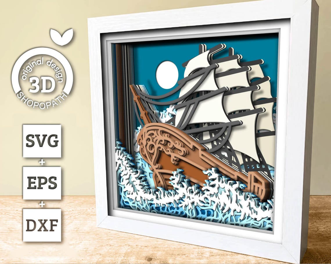 3D SVG Sailing Ship Shadow Box, Ship 3D Svg, Beach 3d Svg, Sea 3D Svg ...