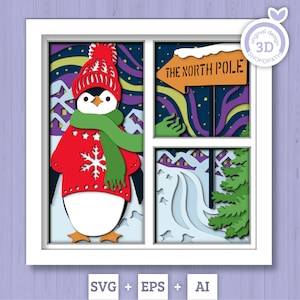 3D SVG hiver Shadow Box, couches de Svg hiver, pingouin Shadow Box, Svg 3D du pôle Nord, aurores boréales neige bois 3D Svg, Silhouette Cricut