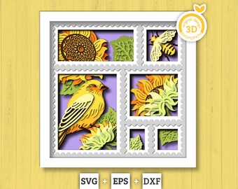 Honigbiene, Sonnenblumen und Goldfink Stempel - 3D Schattenbox überlagert SVG DXF EPS (Schneidedateien)