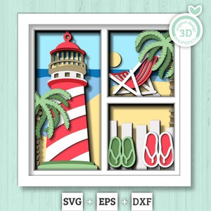 Faro de playa con paneles de palmeras - Caja de sombras 3D con capas SVG DXF EPS (archivos de corte)