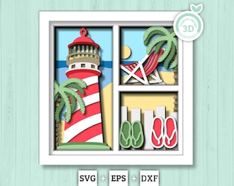 Beach Lighthouse with Palms Panels - 3D Shadow Box Layered SVG DXF EPS (Cutting Files)