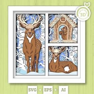 Cerf avec biche dans la forêt 3D SVG, SVG forêt 3D, 3D svg biche, 3D svg cerf, hiver 3D svg, écureuil 3D SVG, Silhouette Cricut