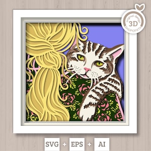 3D SVG chat Shadow Box, SVG en couches de chat tigré, animal de compagnie commémoratif chaton 3D Svg, animaux Shadow Box 3D fête des mères chat maman Silhouette Cricut