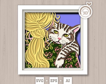 3D SVG Cat Shadow Box, Tabby Cat Layered SVG, Pet Memorial Kitten 3D Svg, Animals Shadow Box 3D Mother&#39;s Day Cat Mama Silhouette Cricut