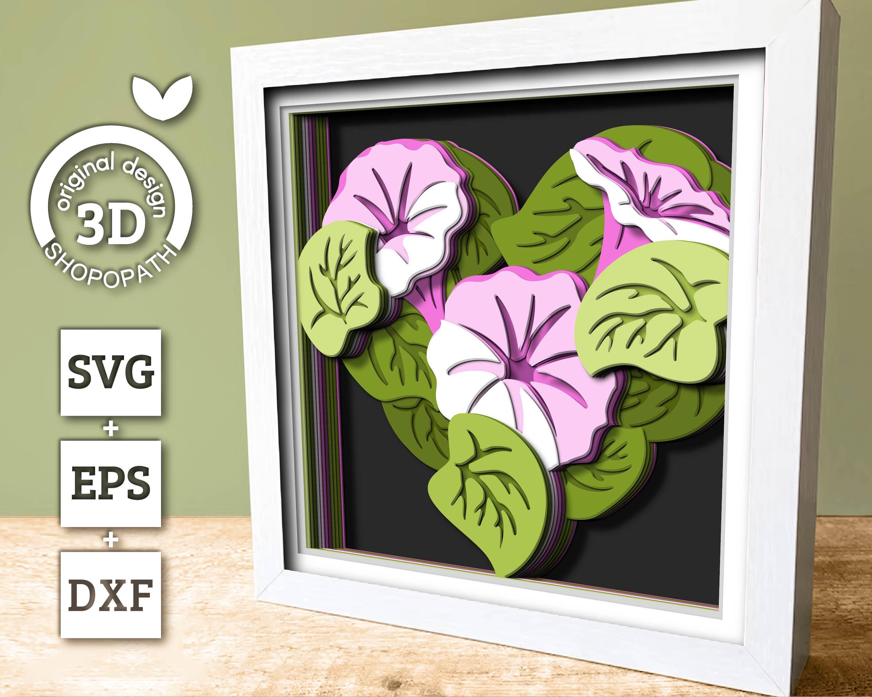 Morning Glory Flowers Heart - 3D Shadow Box Layered SVG DXF EPS ...