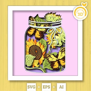 Tournesols 3D avec papillon monarque en pot Shadow Box SVG, boîte d'ombre d'été, monarque 3D Svg, 3D tournesol Papercut svg, Silhouette Cricut
