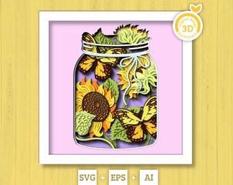 3D Sunflowers With Monarch Butterfly In Jar Shadow Box SVG, Summer Shadow Box, Monarch 3D Svg, 3D Sunflower Papercut svg, Cricut Silhouette