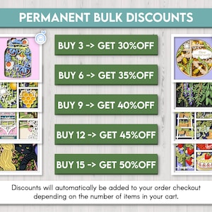 Op de afbeelding: Een groene en witte grafiek met de tekst "PERMANENT BULK DISCOUNTS" bovenaan. Vijf groene knoppen met witte tekst tonen kortingen voor het kopen van 3, 6, 9, 12 en 15 artikelen. De tekst op de knoppen luidt "BUY 3 -> GET 30%OFF", "BUY 6 -> GET 35%OFF", "BUY 9 -> GET 40%OFF", "BUY 12 -> GET 45%OFF" en "BUY 15 -> GET 50%OFF". De tekst onder de knoppen luidt "Korting wordt automatisch toegevoegd aan uw bestelling bij het afrekenen, afhankelijk van het aantal artikelen in uw winkelwagen."