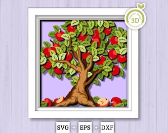 3D SVG Apple Tree Shadow Box SVG, 3d SVG Apples, Summer Shadow Box, Apple Tree 3D Svg, Flowers 3d svg, Summer 3d svg, Cricut Silhouette