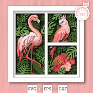 May include: A decorative window design featuring a pink flamingo, a pink parrot, and a red hibiscus flower, set against a backdrop of lush green tropical foliage. The design includes the text "SVG + EPS + DXF".