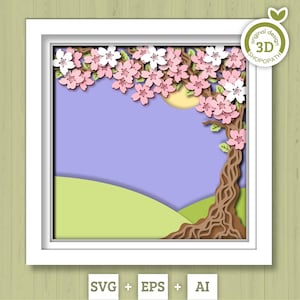 3D SVG Blüte Baum Shadow Box, 3D SVG Frühling, 3D Kirschblüte svg, 3D SVG Frühlingsblüte, 3d Sakura Baum svg, Blumen svg, Cricut Silhouette