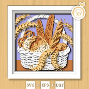 Caixa de sombra para cesta de padaria 3D SVG com pão, pretzels, croissants e espigas de trigo, corte de arquivos DXF EPS para Cricut Silhouette Brother
