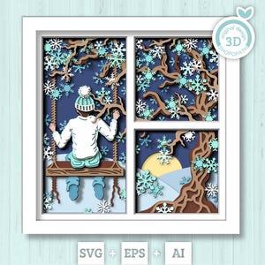 3D SVG Ragazzo sull'altalena sotto l'albero invernale Shadow Box, 3D SVG Inverno, Neve 3D svg, Nevicata 3D SVG, 3D Winter Shadow Box, Cricut Silhouette