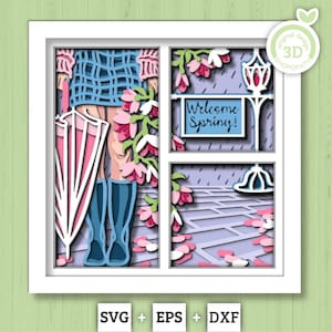 3D-Schichten-Frühlingsregen SVG, Frühling Schattenbox, Magnolienblumen 3D-Svg, Stiefel-Svg, Blätter 3D-Svg, Hallo Frühling Papierschnitt, Cricut Silhouette Bild 1