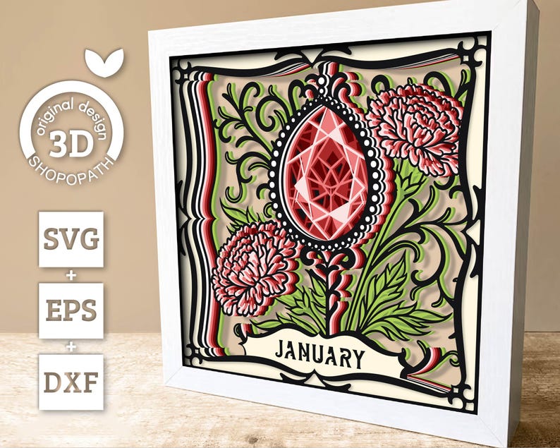 January Shadow Box 3D SVG Birth Month Garnet Gemstone With Carnation ...
