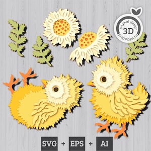 3D gelaagde chick SVG, 3D gelaagde kip, gelaagde papercut svg, Pasen Svg, babykuiken, 3D bloemen Svg, Cricut