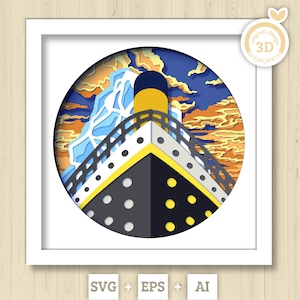 Scatola ombreggiata 3D SVG Transatlantico, Mare 3D SVG, Estate 3D SVG, Nave 3D SVG, Tramonto 3D SVG, Transatlantico 3D SVG, Barca 3D SVG, Silhouette Cricut