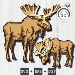 May include: A digital illustration of two brown moose with large antlers, one standing and one grazing. The design features layered shading and includes a circular badge with the text 3D SHOPOPATH and the text SVG + EPS + DXF at the bottom.
