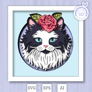3D SVG chat noir et blanc Shadow Box, SVG en couches de chat persan, chaton 3D Svg, animaux Shadow Box 3D chat en couches avec Rose Silhouette Cricut