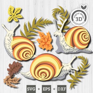 May include: A collection of 3D paper cut-out snails with layered yellow, orange, and brown shells, accompanied by autumn leaves and fern accents. The design includes the text "SVG + EPS + DXF" and a "3D SHOPOPATH" logo.