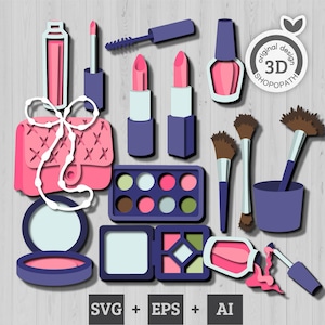 Trucco a strati 3D SVG EPS, bellezza e cura a strati 3D Papercut svg Moda Svg Rossetto Smalto per unghie Taglio laser Cricut Glowforge Silhouette