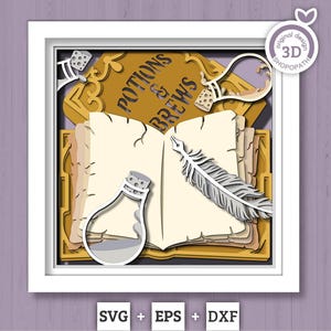 3D SVG Witch Spell Book Shadow Box, Halloween Shadow Box 3D Svg, Layered Spell Book 3D SVG, Layered Potion Bottle 3d SVG, Cricut Silhouette