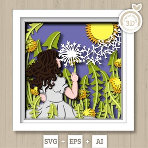 Caja de sombras de niña con diente de león en 3D SVG, dientes de león en capas SVG, caja de sombras de primavera, flores 3D Svg, flores 3D Svg, silueta de Cricut de papel cortado