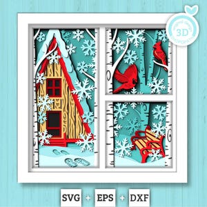 Winter Cabin with Cardinals Panels - 3D Shadow Box Layered SVG DXF EPS (Cutting Files)
