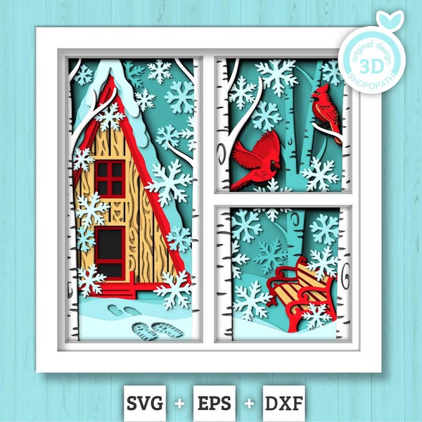 Cabina invernale con pannelli Cardinals - 3D Shadow Box Layered SVG DXF EPS (file di taglio)