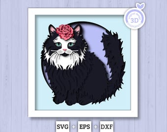 Black White Cat with Rose - 3D Shadow Box Layered SVG DXF EPS (Cutting Files)