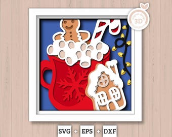 Christmas Gingerbread House Cocoa - 3D Shadow Box Layered SVG DXF EPS (Cutting Files)