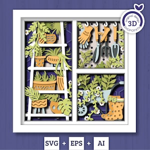 Caja de sombras de jardinería SVG 3D, jardín de primavera con hojas y flores, estante con plantas en macetas y herramientas, SVG en capas, silueta de Cricut