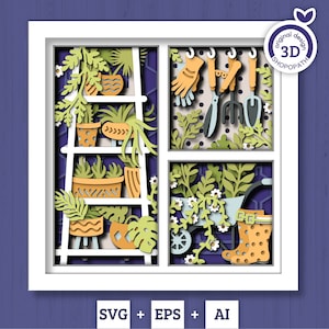 3D SVG Gardening Shadow Box SVG Spring Garden With Leaves and Flowers Shelf With Potted Plants And Tools Layered svg, Cricut Silhouette