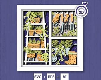 3D SVG Gardening Shadow Box SVG Spring Garden With Leaves and Flowers Shelf With Potted Plants And Tools Layered svg, Cricut Silhouette