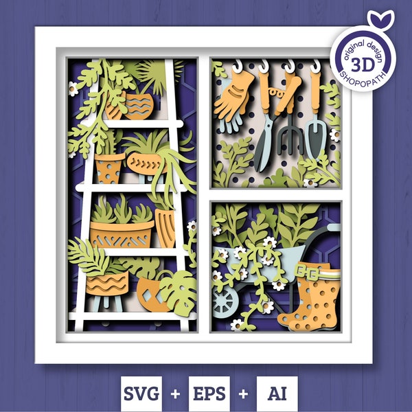 3D SVG Jardinage Shadow Box Jardin printanier SVG avec feuilles et fleurs Étagère avec plantes en pot et outils Svg en couches, Silhouette Cricut