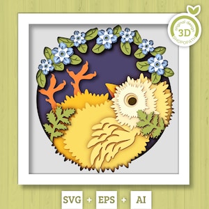 Caixa de sombra 3D SVG de pintinho com flores de miosótis, arquivos de corte em camadas para máquinas Cricut, Silhouette, Brother ou Laser