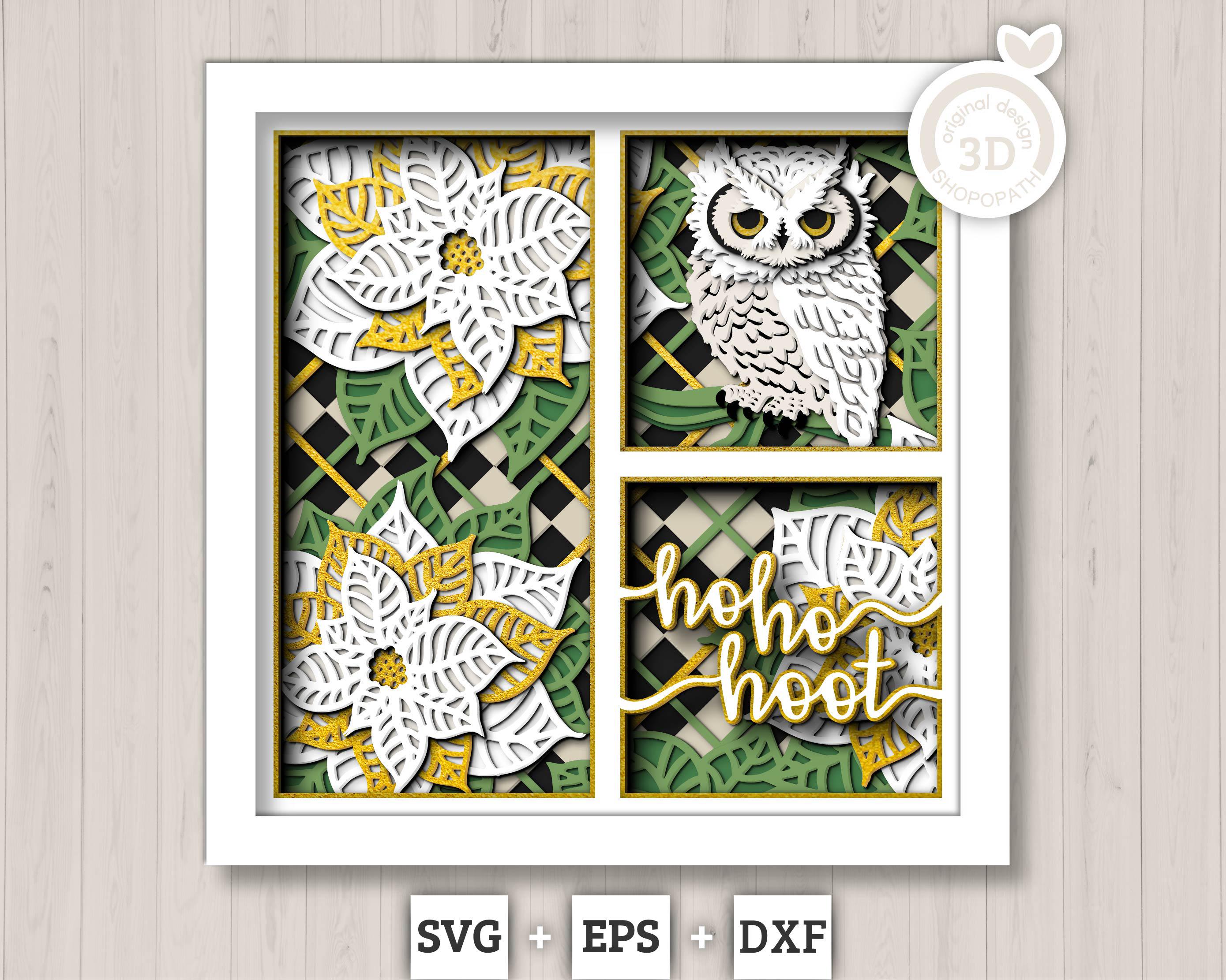 3D SVG Christmas Owl Shadow Box, Christmas Shadow Box, Layered Poinsettia Svg, Santa Claus Shadow Bo