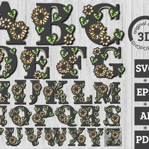Paquete de letras del alfabeto en formato SVG, PDF y EPS con capas de girasol en 3D, Svg de girasol en 3D con capas, papel cortado en 3D con capas de Svg cortado con láser, letras florales, Cricut
